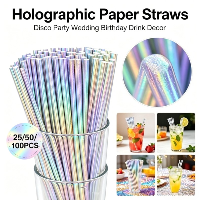 Paper Straw Color - 25/50/100PCS Zilver Laser Papieren Rietjes Wegwerp