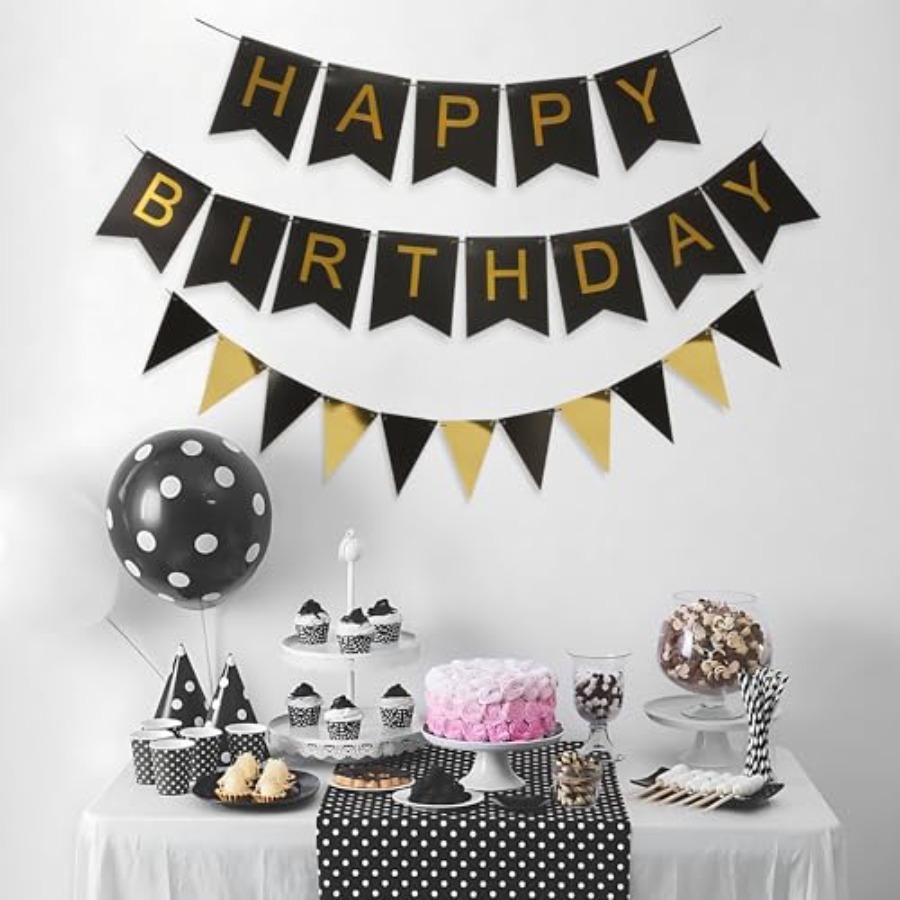 Party Banner Gold - Zwart-goud gestreepte banner met driehoekige vlaggenset